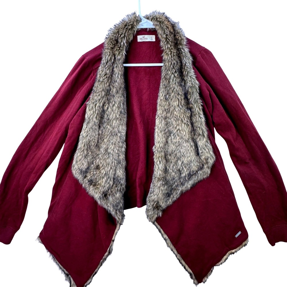 Hollister Cardigan Sweater Women Large Burgundy Faux Fur Trim Boho Chic Winter